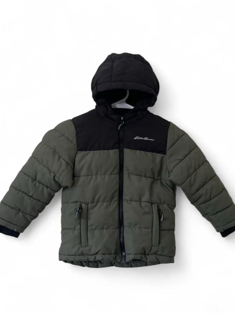 SOLD. Toddler Boy 3T Quilted Puffer Winter Coat Sherpa Hood Eddie Bauer Olive